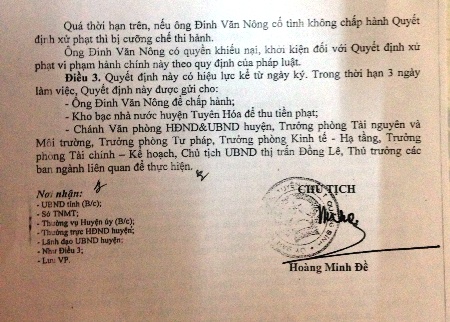 Nội dung ông Nông khiếu nại tranh chấp đất được UBND huyện Tuyên Hóa trả lời là sai